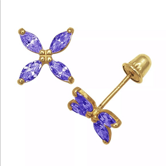 14k Solid Gold Blue Sapphire Fliwer Stud Earrings - Picture 3 of 8